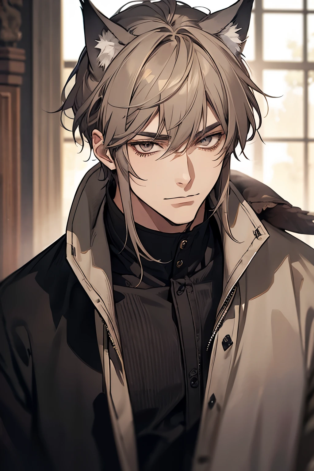 1male, sly, age 30 face, medium fully hair with bangs, grey hair, brown colored eyes, poor looking, black clothes, in a mansion, close up, wolf ears, wolf tail, baggy clothes