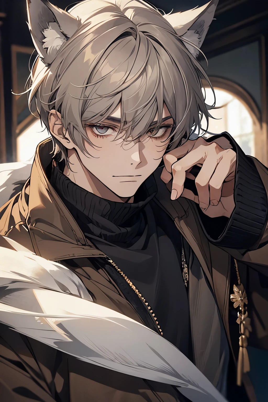 1male, sly, age 30 face, medium fully hair with bangs, grey hair, brown colored eyes, poor looking, black clothes, in a mansion, close up, wolf ears, wolf tail, baggy clothes