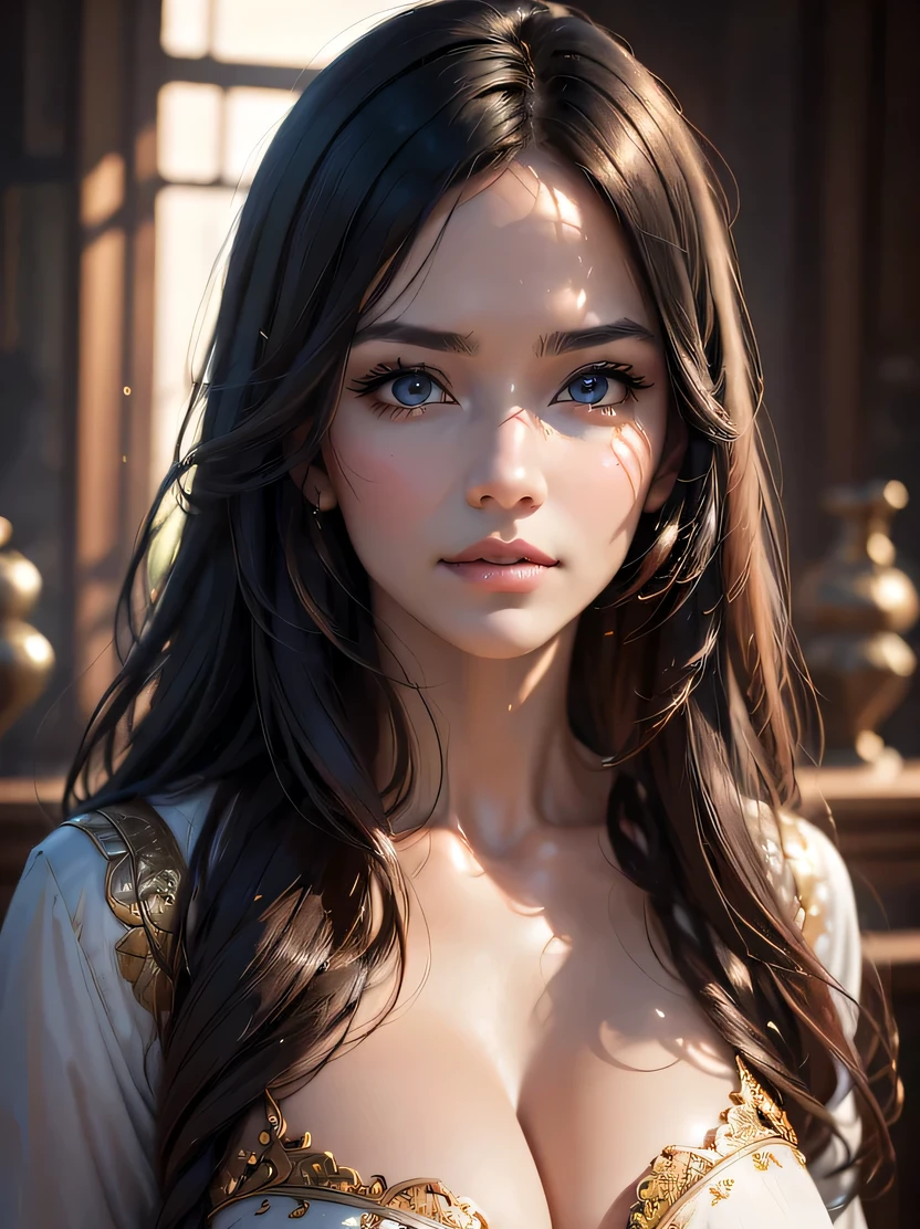 ((masterpiece、highest quality、realistic、Super detailed、High resolution、photorealistic、sharp focus))、portrait of a beautiful woman、cowboy shot、Focus from the waist up、face light、front light、High brightness、Charming character、A woman with an elegant atmosphere、enchanting eyes、Fantasy style costumes、Clothes with rich texture design、indoor、Futuristic cityscape seen from the window、detailed background、view audience