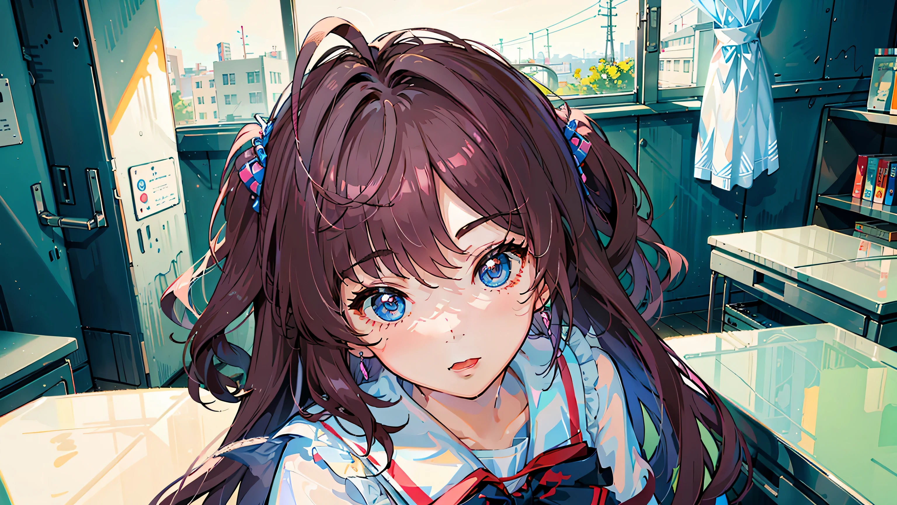 obra maestra, Mejor calidad, high resolution, Ichinose Shiki, idol master, pelo largo, dos lados hacia arriba, Lazo para el pelo, ahogo, pechos medianos, pendientes, Uniforme escolar marinero, fondo de paisaje escolar, aula (Please draw a single una chica walking in a aula school :1.3) ((1 chica)), (Solo, rostro,-yeld:2. un estudiante de secundaria. Extremidades completas, dedos completos, ((Dedos perfectos)), trasero mediano, ingle, ojos perfectos, Uniforme escolar marinero white and blue ((la blusa es blanca, la falda es azul, lazo rojo en la blusa, Cuello marinero azul, mangas cortas:)) (Detailed lighting), (antecedentes detallados), (en la zona escolar), vista de cuerpo completo, de pie, piernas, zapatos uwabaki. lindo, chica soltera kawaii (una chica), Toma de cuerpo completo. El fondo es la escuela., cuerpo delantero