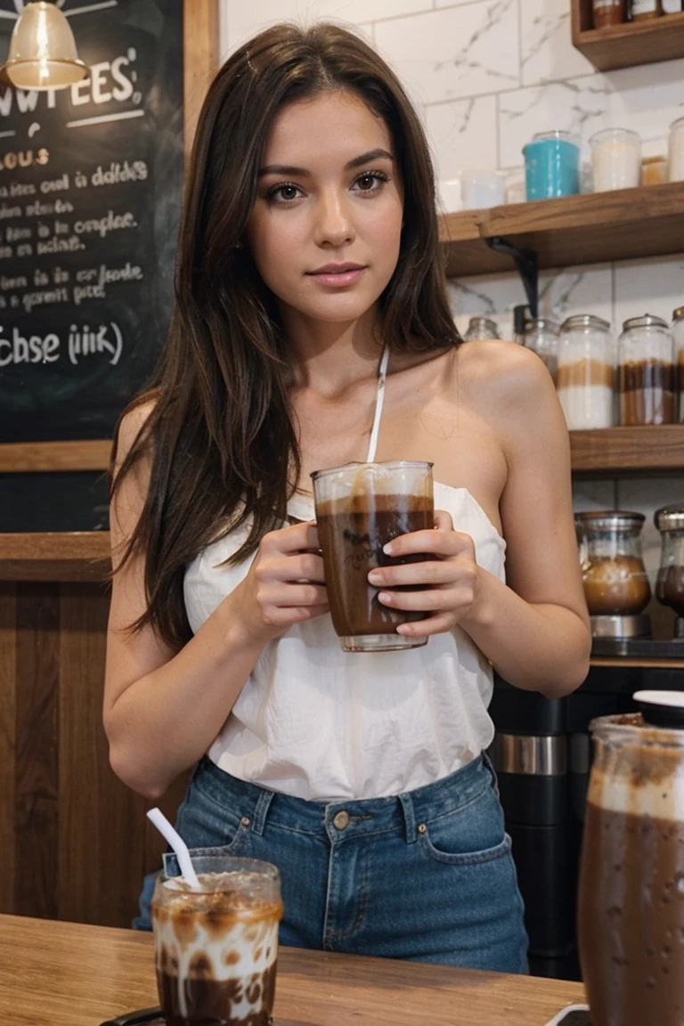 brunette having iced coffee in a coffee shop