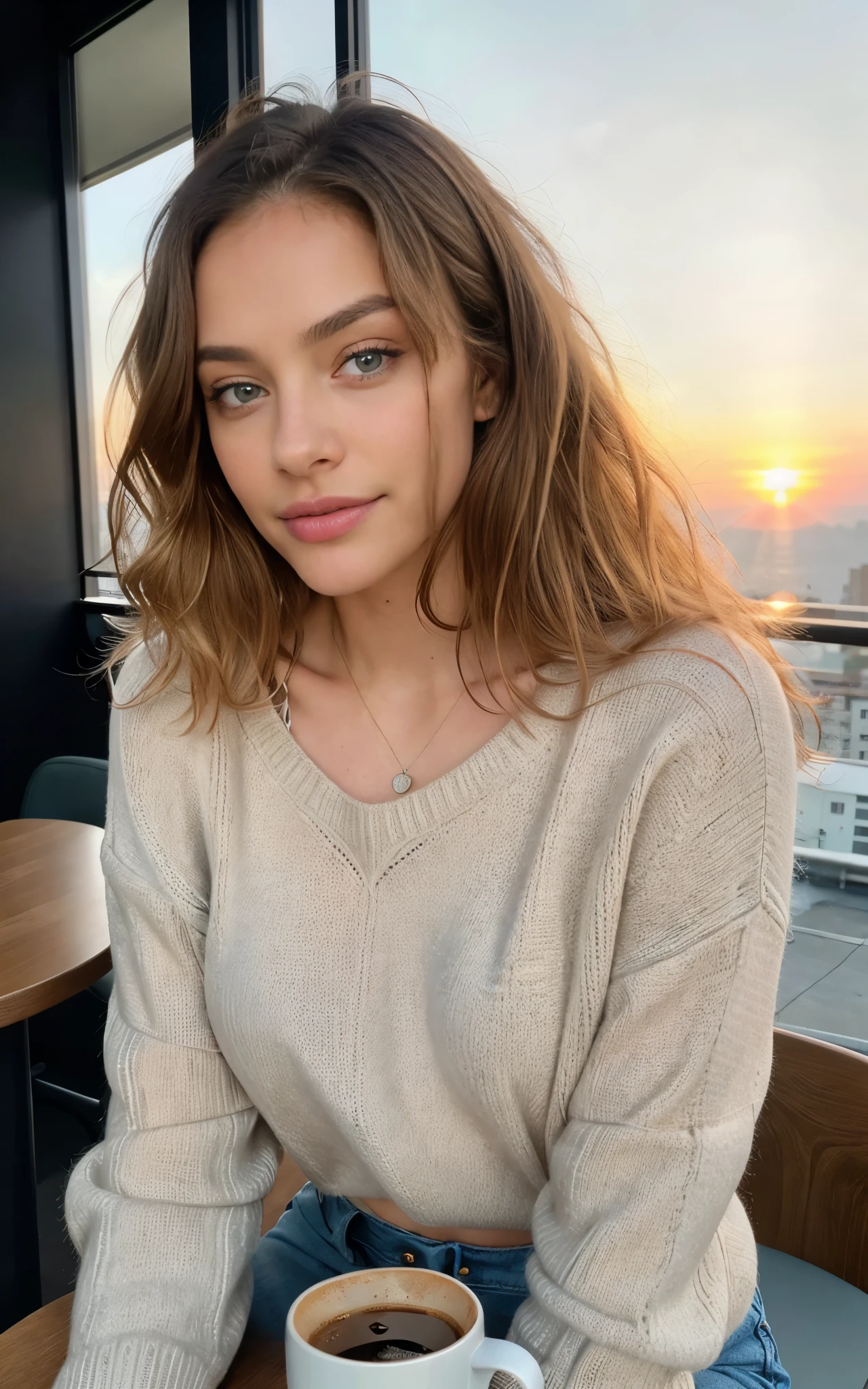 Beautiful blonde wearing pink sweater (Drinking coffee in a modern cafe at sunset), Very detailed, 21 years old, innocent face, natural curly hair, blue eyes, high resolution, masterpiece, best quality, intricate details, Very detailed, sharp focus, Delicate skin, actual skin texture, texture, delicate eyes, professional, 4K, charming smile, Canon shooting, 85mm, shallow view deep, Kodak Vision Color, perfect fit body, Very detailed, photo_\(extremist\), photoactual, actual, post processing, Maximum details, Roughness, real life, extremist actual, photo写实主义, photography, 8k ultra high definition, photography