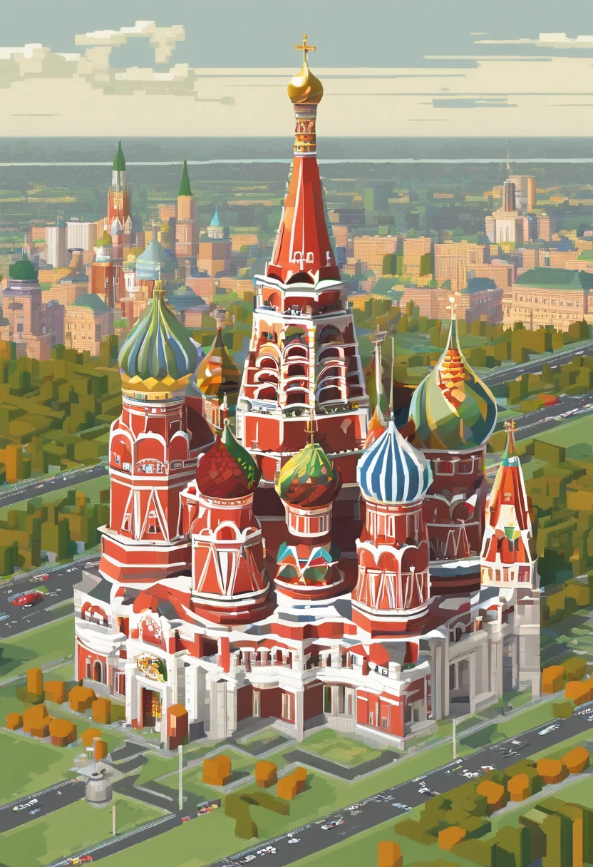 Three-dimensional map of Moscow centered on St. Basil&#39;s Cathedral but looking small in the distance