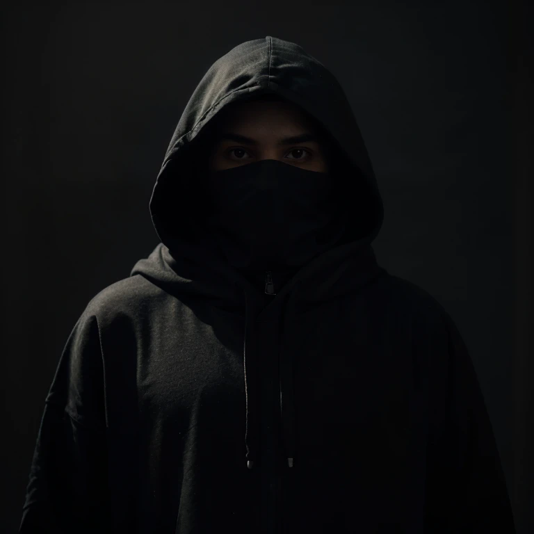 "Create an evocative image of a person in a hoodie, shrouded in darkness with no visible face, set against a mysterious and atmospheric dark background."