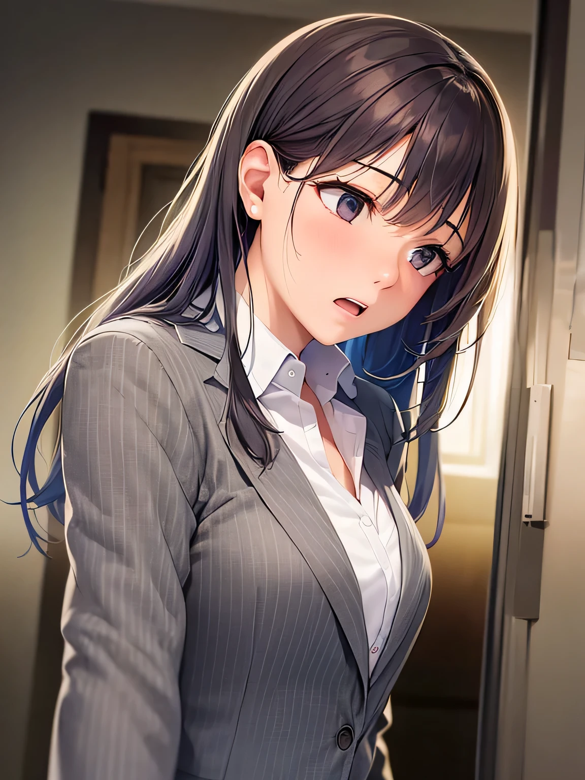 Placing hand over mouth, side angle, (looking away:1.5), Realistic, real person, RAW photo, photorealistic, portrait photography, shiny skin, japanese idol、A 25-year-old woman with medium-long hair with bright chestnut bangs.、(wearing a gray suit:1.5)、wearing a gray skirt、Are standing、(surprised:1.5), Alone、The background is an office