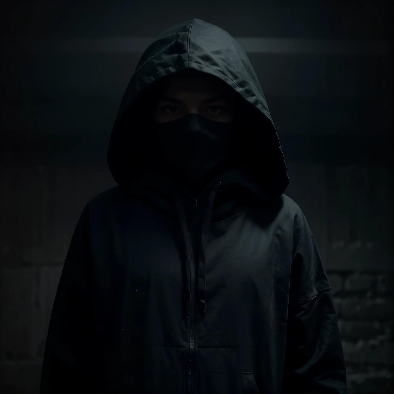 "Create an evocative image of a person in a hoodie, shrouded in darkness with no visible face, set against a mysterious and atmospheric dark background."