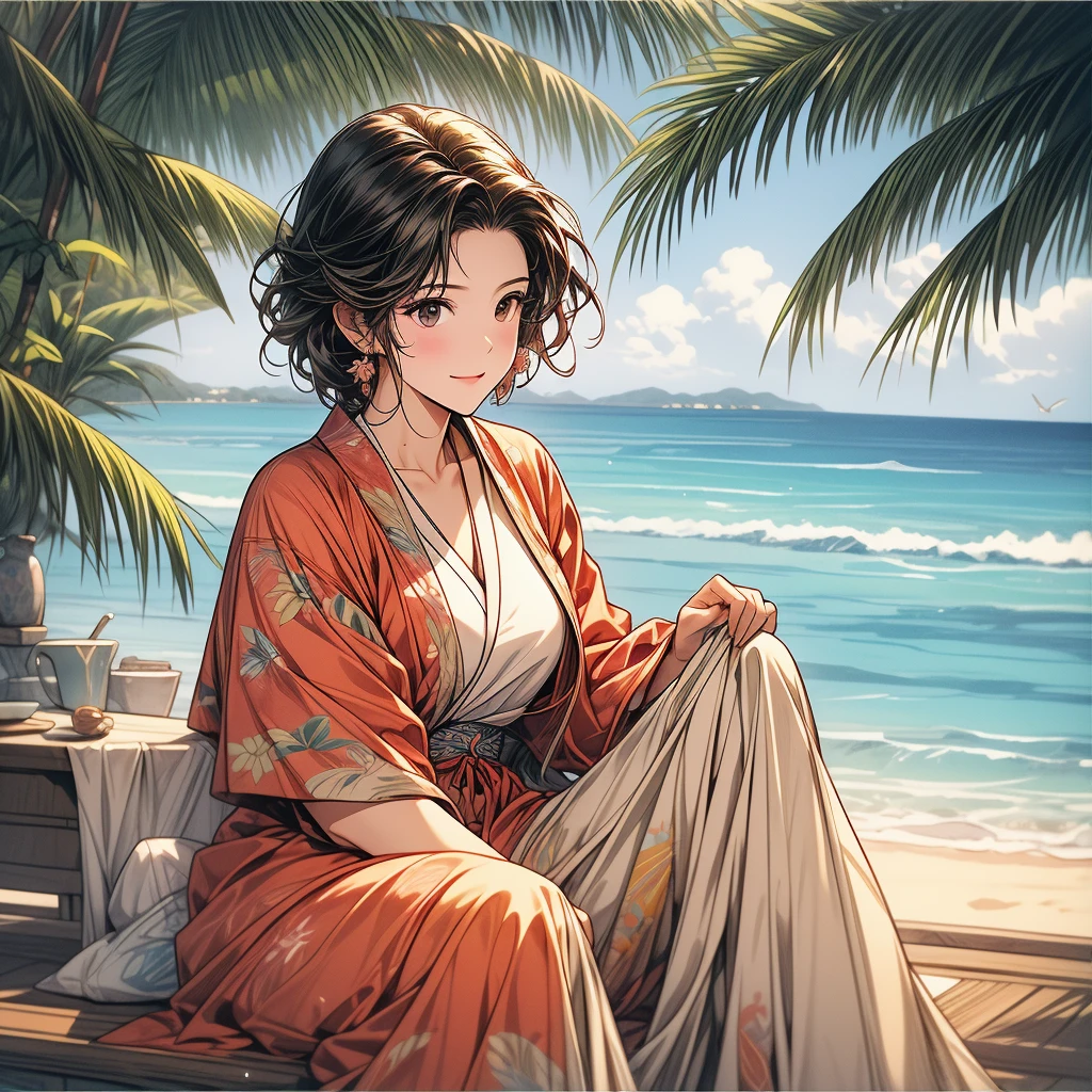 A traveling woman wearing thick clothes and sweating、Warm clothes in hot Okinawa、A sense of freedom in tropical Okinawa、The background is a beautiful resort beach in Okinawa.、Items that symbolize Okinawa、Scenery of tropical Okinawa、Overhead angle、High image quality, high quality, high definition, high resolution、Rich and delicate drawings