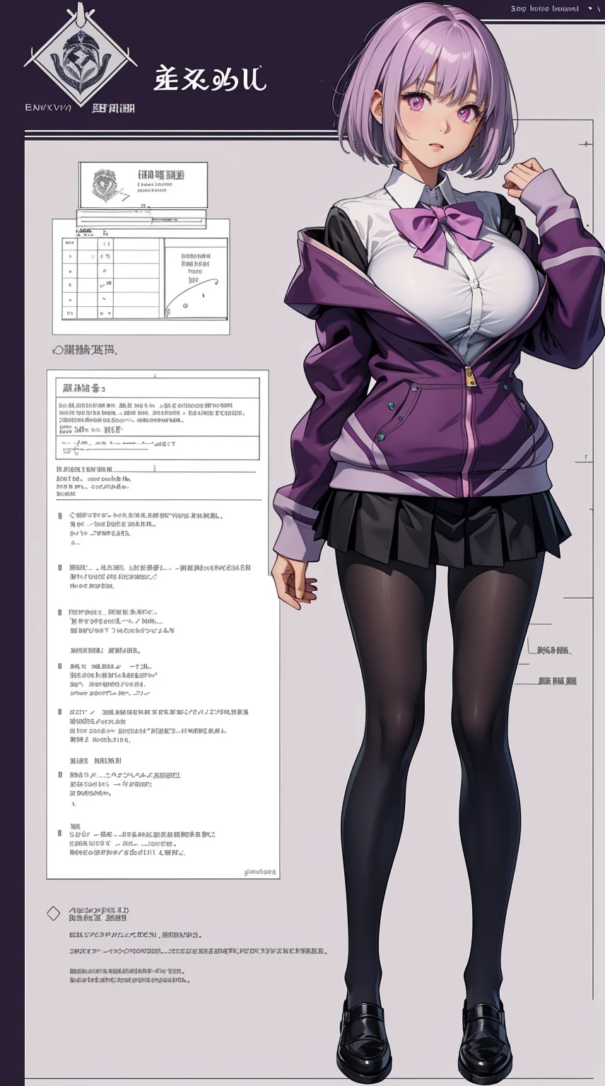 girl, solo, full body, from head to toe, standing, (Huge_Breasts:1.3), short skirt,

Character Design Sheet, character reference sheet, character turn around,

shinjou akane, light purple hair, (pink eyes:1.2), short hair,

black pantyhose, bow, collared shirt, hood, hooded jacket, jacket, open clothes, open jacket, open shirt, pantyhose, purple bow, purple jacket, school uniform, shirt, sleeves past wrists, unbuttoned shirt, white shirt,