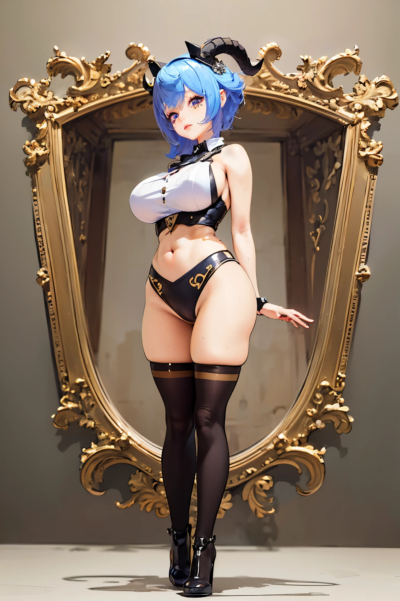 ((masterpiece:1.4)), ((best quality:1.3)), ((ultra detailed background)), ultra detailed face, ultra detailed eyes, best hands, hires, 1girl, anime, illustration, illustrate, short blue hair, horns, ((full view)), ((full body)),