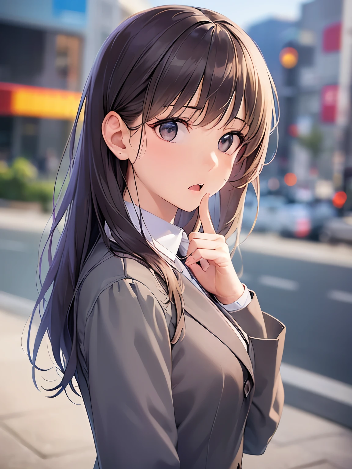 Placing hand over mouth, side angle, (looking away:1.5), Realistic, real person, RAW photo, photorealistic, portrait photography, shiny skin, japanese idol、A 25-year-old woman with medium-long hair with bright chestnut bangs.、(wearing a gray suit:1.5)、wearing a gray skirt、Are standing、(surprised:1.5), Alone、The background is an office
