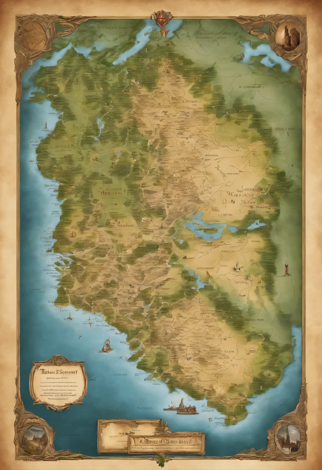 A huge colorful map of the world，Distributed on three continents，The central continent is occupied by humans，Human cities as settlements，Map flag for human male，The western continent is occupied by elves，The map identifies Elf women，Settled in the Elf Forest，The eastern continent is occupied by dwarves，Use the dwarven mines as a settlement，Map identifies dwarf male

