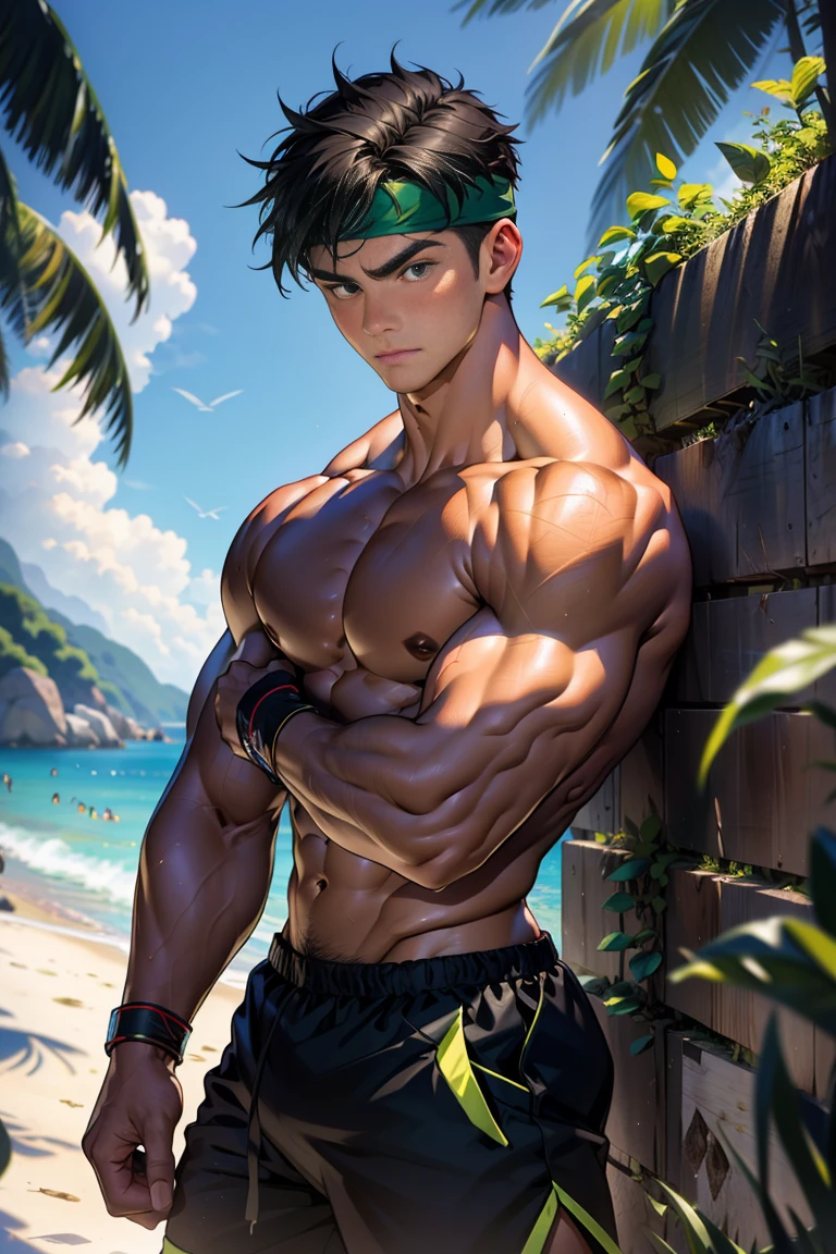 (Masterpiece, Best quality, 18 year old boy, 8k, ultra-detailed), (underneath, looking away, upper body, soulful eyes, thin lips), 1 boy, solo, Young, (teenager), (Dark Short straight hair, under cut), black eyes, full bodyesbian, (Shirtless), topless, Green headband, (Black shorts with loincloth), (Depth of field:1.2), (Abs), black wristband, (topless male), serious, closed mouth, man with martial arts stance, athretic body