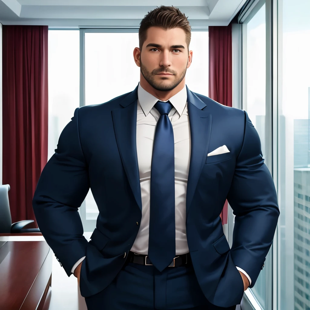 (highest quality:1.5), (masterpiece:1.5), (large private office:1.2), white wall, skyscraper, (Japanese:1.2), very large window, hot guy, solo, navy blue suit, Navy blue tie, male, (macho:1.3), (huge body:1.2), 38 years old, short hair, [short beard:0.9], Are standing, By the window, (from front:1.2), looking at the camera