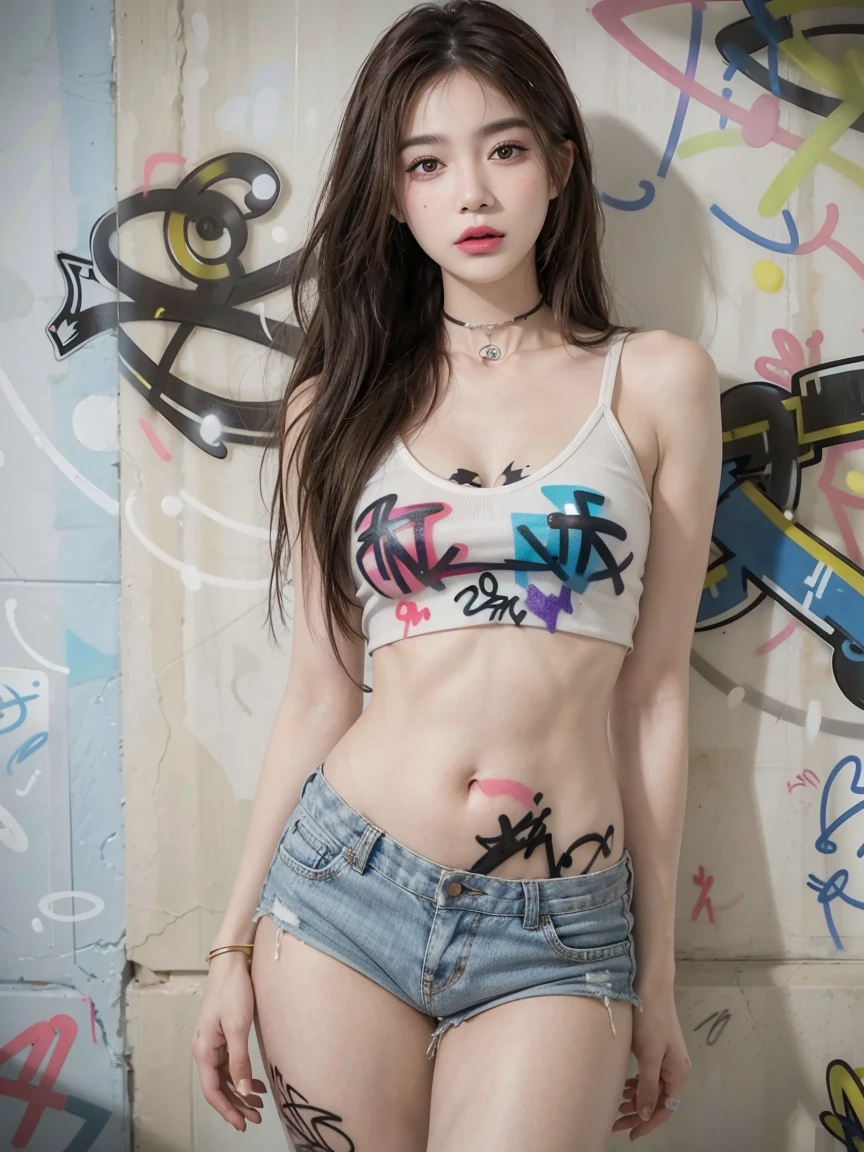 Too realistic, Masterpiece, best quality, ((Lauren Gray, Olivia Dunn's face)) 1 girl, single, naked, Denim, choker, (Graffiti:1.5), Color splash, hands behind your back, against the wall, looking for viewers, bracelet, thigh strap, Paint on the body., tilt your head, blonde hair, Eyes gray-blue color of the iris, 8k resolution, Intricate clothing, complicated details,