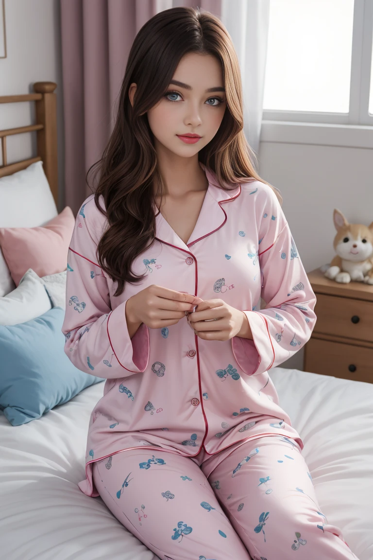 Beautiful girl In cute pink pajamas, beautiful blue eyes