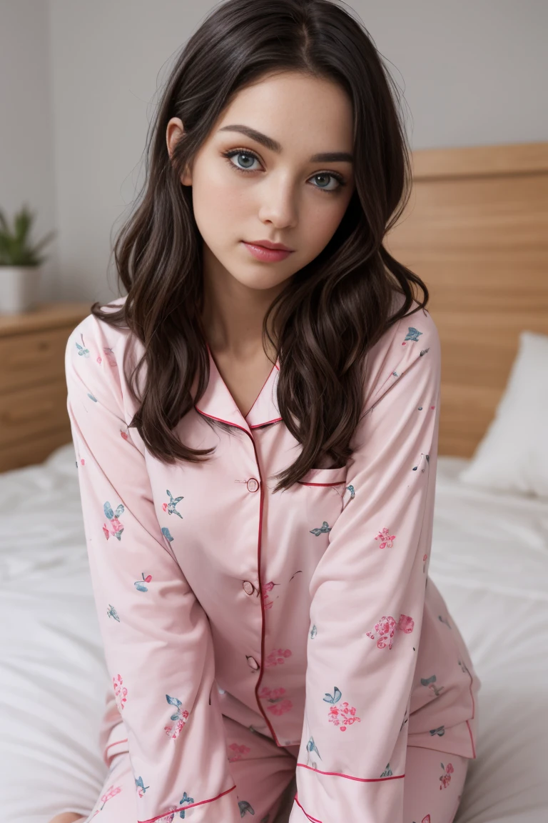 Beautiful girl In cute pink pajamas, beautiful blue eyes