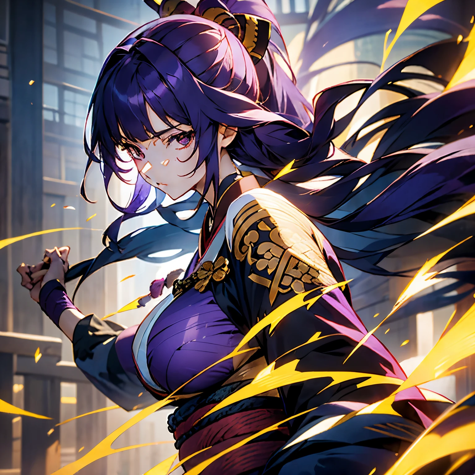 Sengoku Musou,woman,strong beauty,cool,dark purple hair,hanging eyes,Long hair with layer cut