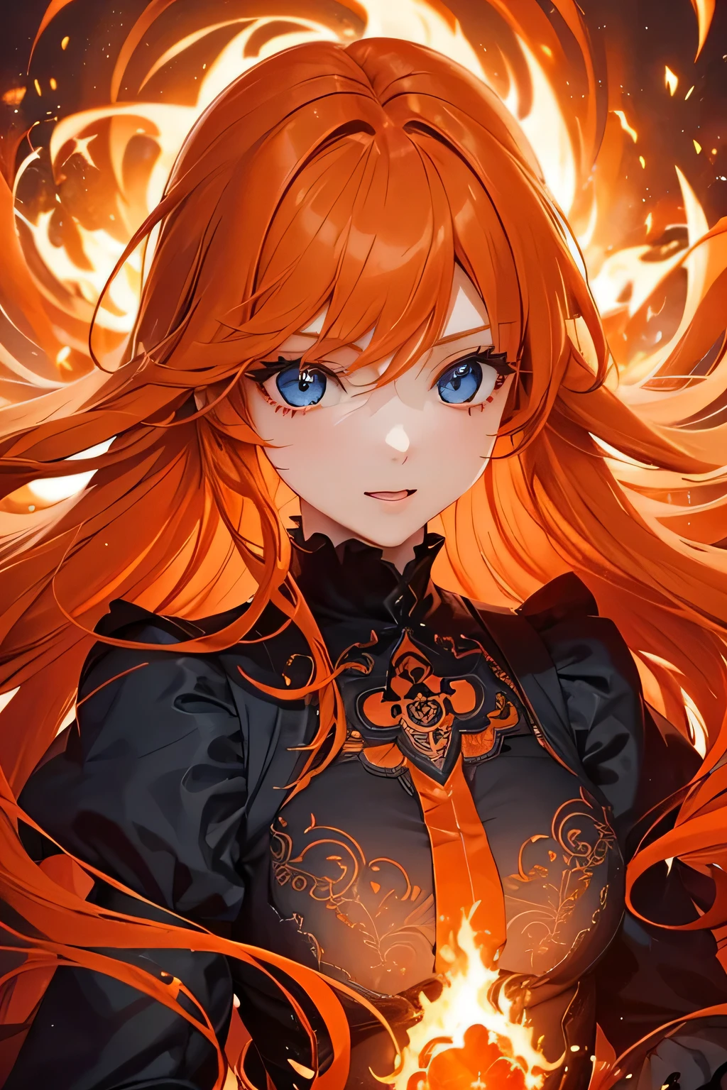 1 girl,Depp's Sense,confused,catch light,Super beautiful illustration,(orange hair,long hairstyles:1.3),turn around,eye shadow,(Red clothes,Gothic Lolita),Upper body,;d,beautiful and delicate flowing hair,delicate and detailed blue eyes,emphasized chest,flame effect,Explosive inflammation