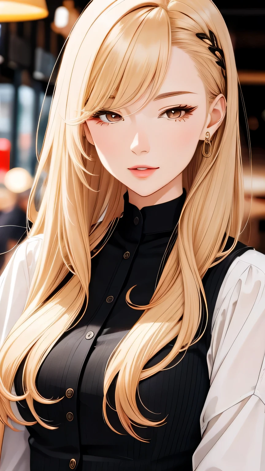 cool adult woman, nee-san type, long hair, swept-side bang, [[[brown hair]]], blonde hair, brown eyes, elegant posture, confident, date in cafe scene, fashionable clothes, illustration, ultra-detailed, highres, vivid colors, close-up portrait