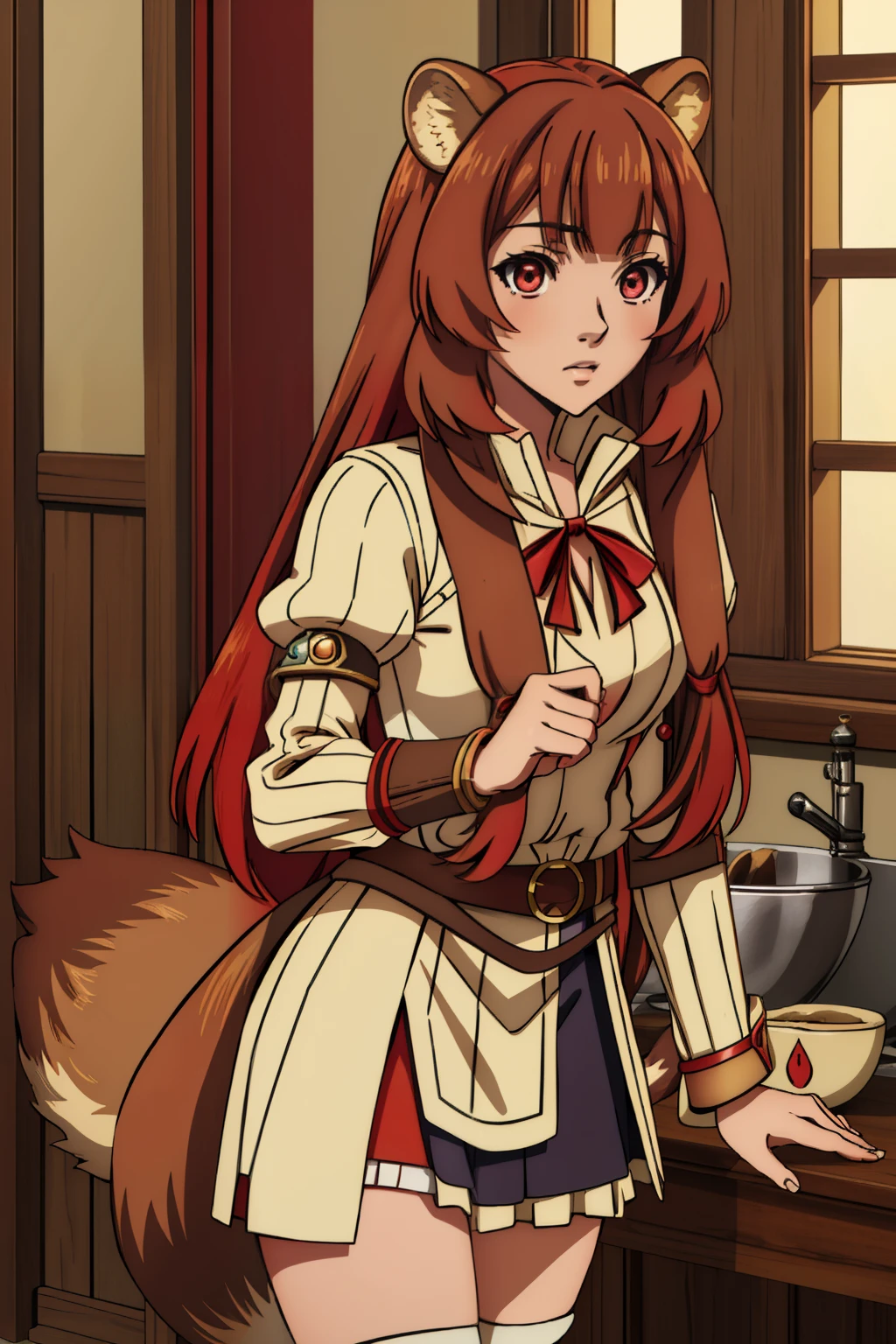 (masterpiece, highest quality),  intricate details,
1 girl,  Raphtalia, animal ears, brown hair, long hair, raccoon ears, a racoon girl, raccoon tail, (red eyes:1.5), tail, 
 Hestia Cosplay, rei no himo,
