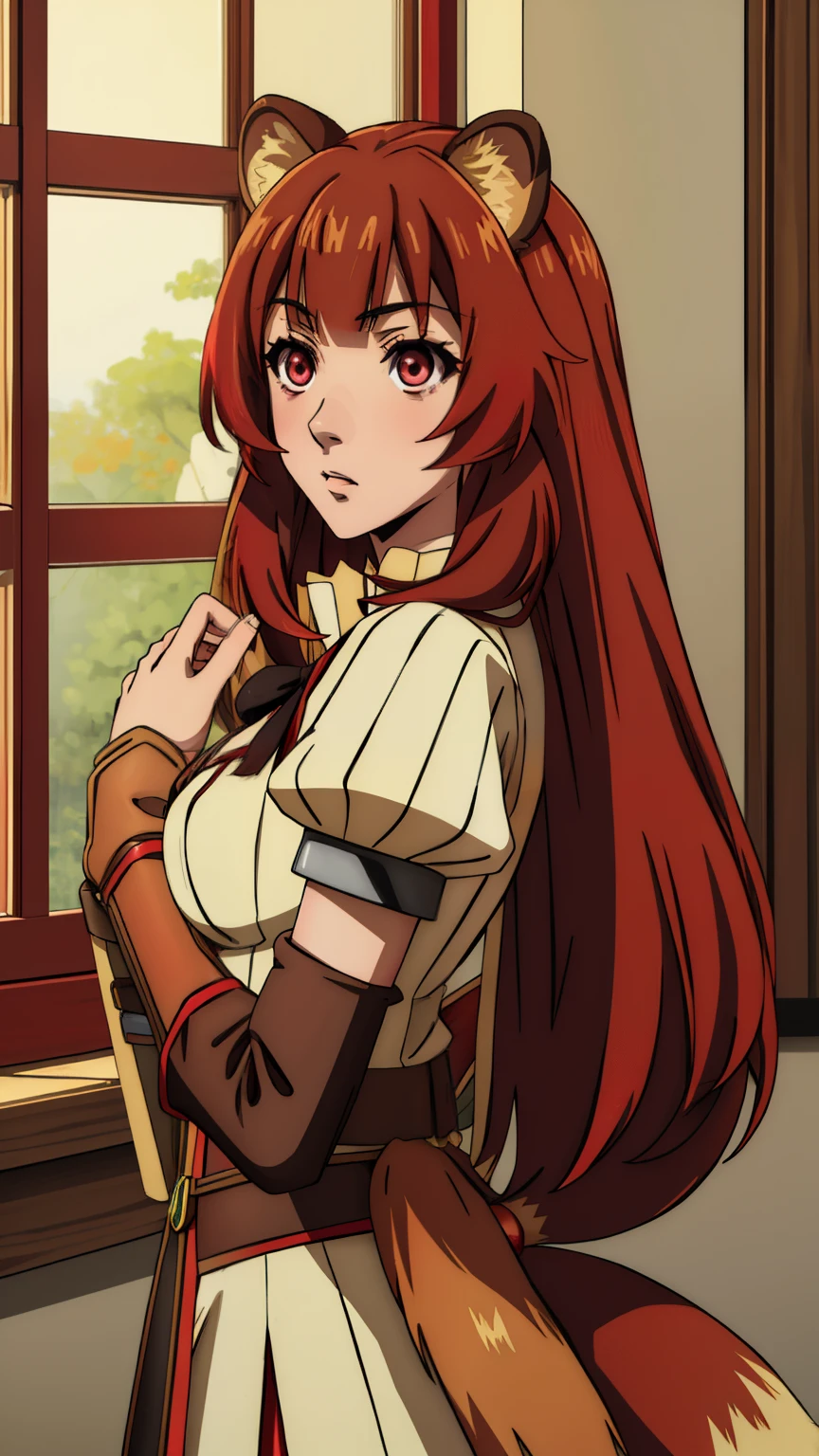(masterpiece, highest quality), intricate details,
1 girl, Raphtalia, animal ears, brown hair, long hair, raccoon ears, a racoon girl, raccoon tail, (red eyes:1.5), tail,
Hestia Cosplay, rei no himo,
