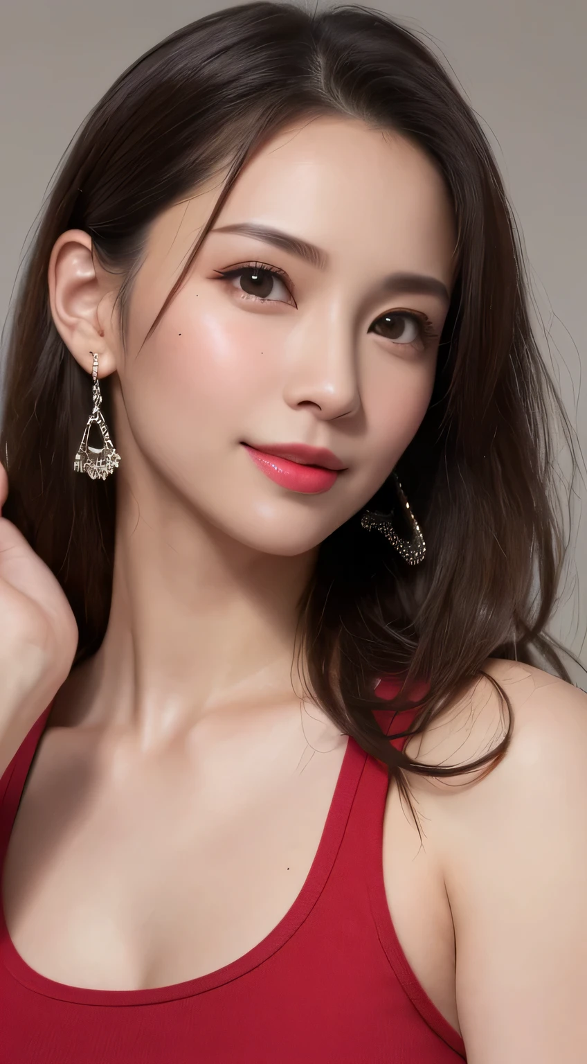 ((close up of face)), Elegant and beautiful Japanese woman in her 30s, (looking at camera: 1.2), (shy smile: 1.4), Right-facing body, (red tank top: 1.4), earrings in both ears, red lipstick, There are some black moles on her face, The hand holding the ring rests casually on her shoulder., high ponytail, 超High resolution, (reality: 1.4), so beautiful, beautiful skin, thin, (realistic face: 1.8), (High resolution), (8K), (very detailed) (beautiful and detailed eyes), (Super detailed)