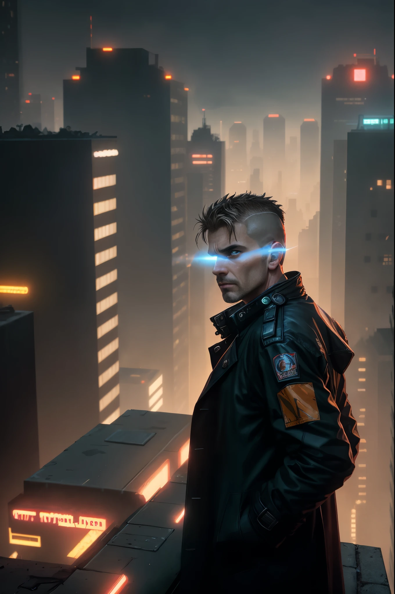 A man, 45 years old, brown eyes, hair shaved on the sides, combed back, unshaven, wearing a dark trench coat with the collars turned up. Hands in his pockets, He is leaning against the parapet of a building, observing from above the night of the cyberpunk city below in the background. Background futuristic cyberpunk make it realistic, Blade Runner, 8k, ultra hd