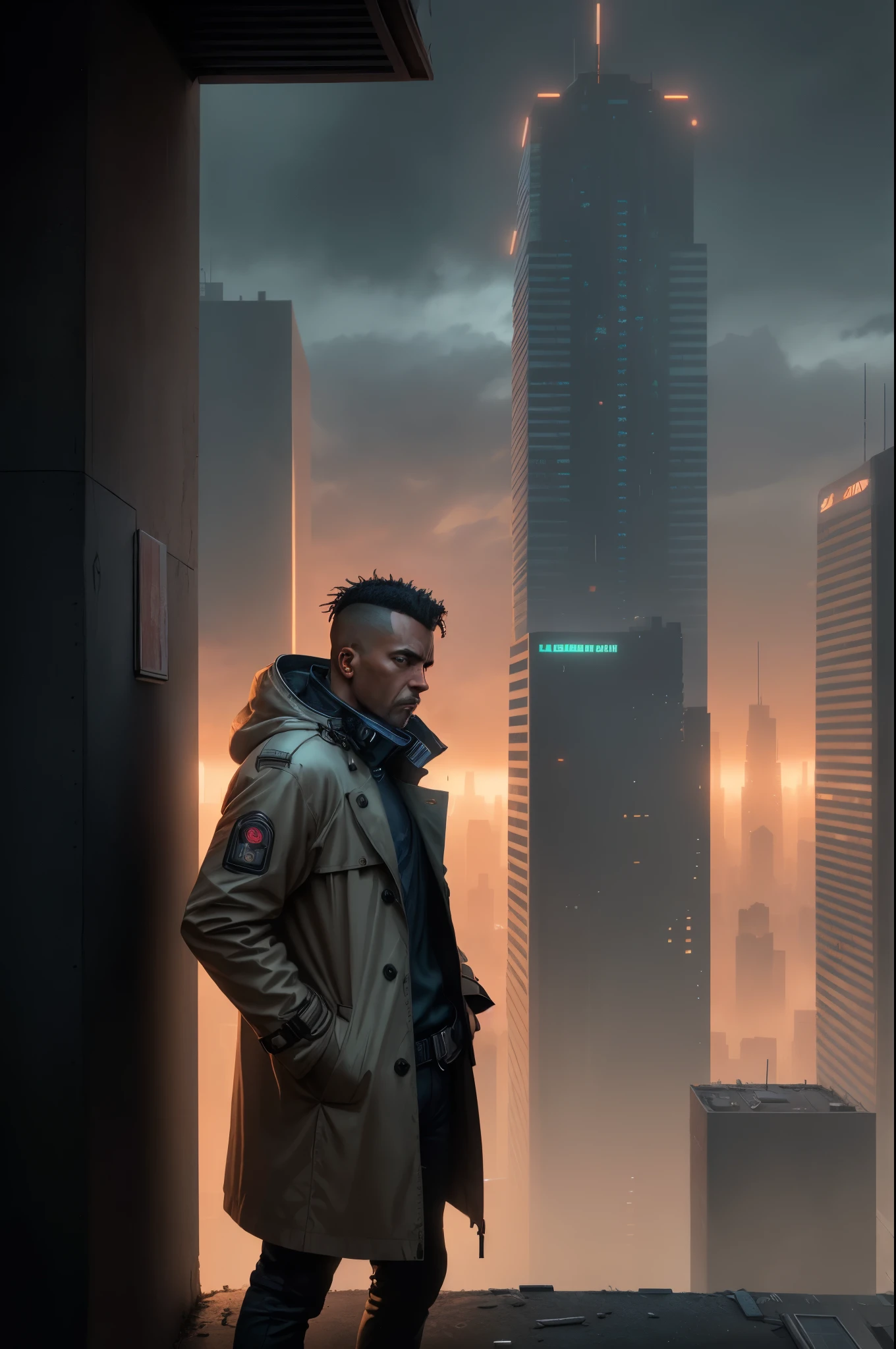 A man, 45 years old, brown eyes, hair shaved on the sides, combed back, unshaven, wearing a dark trench coat with the collars turned up. Hands in his pockets, He is leaning against the parapet of a building, observing from above the night of the cyberpunk city below in the background. Background futuristic cyberpunk make it realistic, Blade Runner, 8k, ultra hd