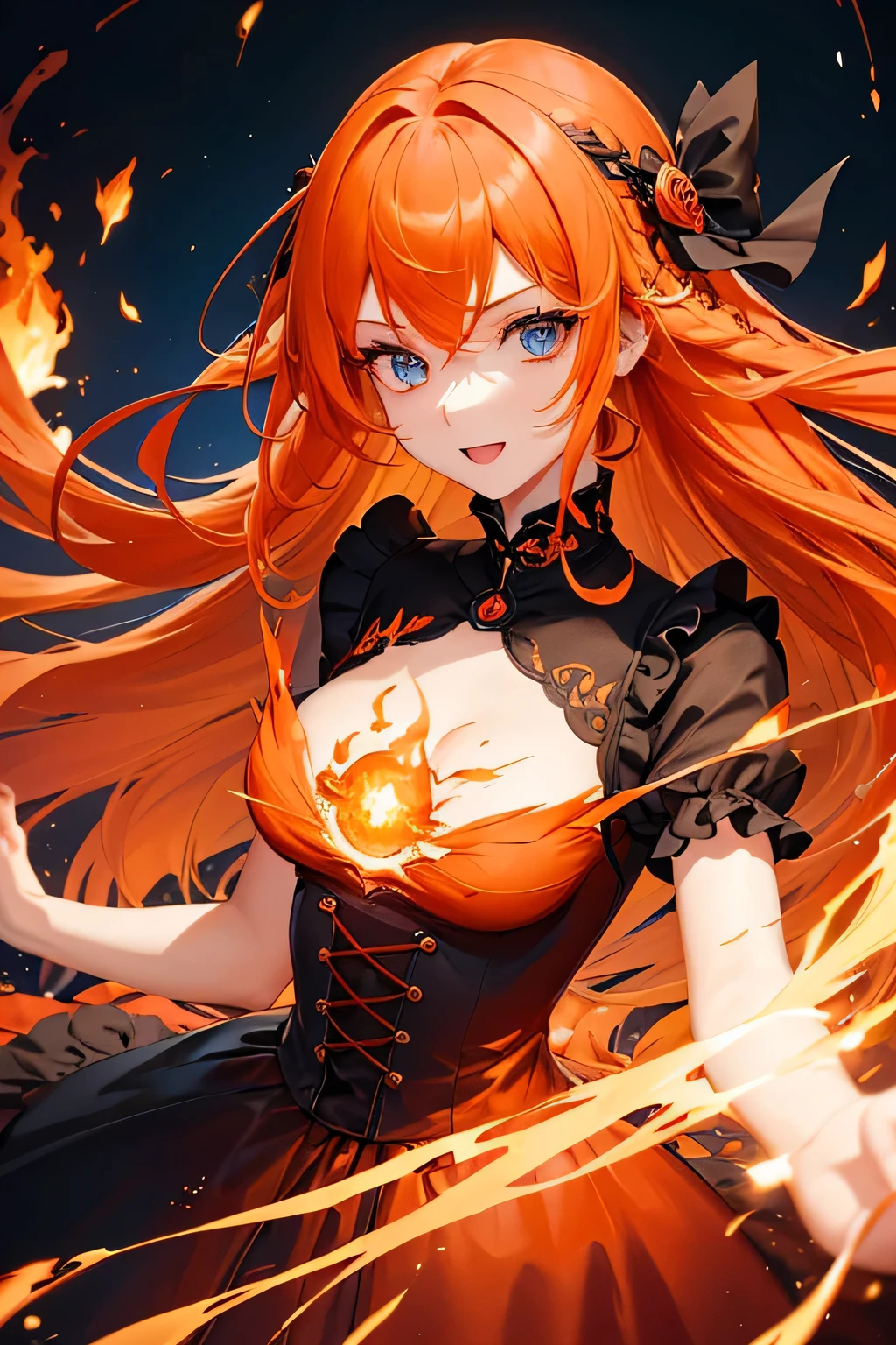 1 girl,Depp's Sense,confused,catch light,Super beautiful illustration,(orange hair,long hairstyles:1.3),turn around,eye shadow,(Red clothes,Gothic Lolita),Upper body,;d,beautiful and delicate flowing hair,delicate and detailed blue eyes,emphasized chest,flame effect,Explosive inflammation