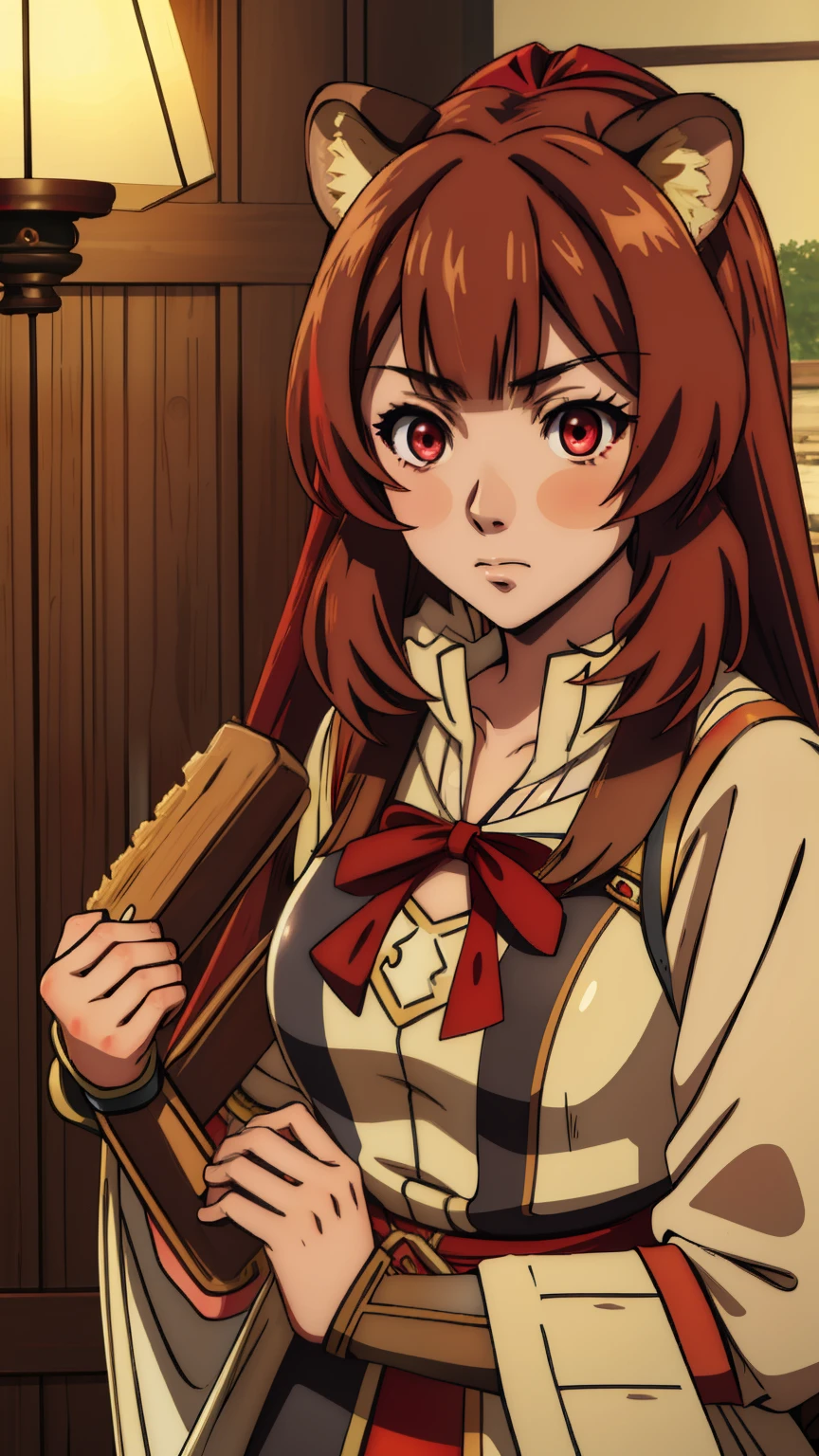 (masterpiece, highest quality),  intricate details,
1 girl,  Raphtalia, animal ears, brown hair, long hair, raccoon ears, a racoon girl, raccoon tail, (red eyes:1.5), tail, 
 Hestia Cosplay, rei no himo,