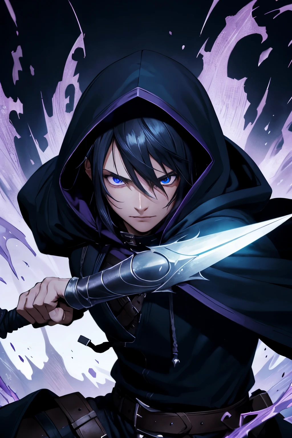 (extremely detailed 8k wallpaper), a medium shot of a fearful rogue, male, male focus, black hair, blue eyes, black clothing, hooded, medieval, intricate, high detail, with a shadow blade in his hand with purple fire