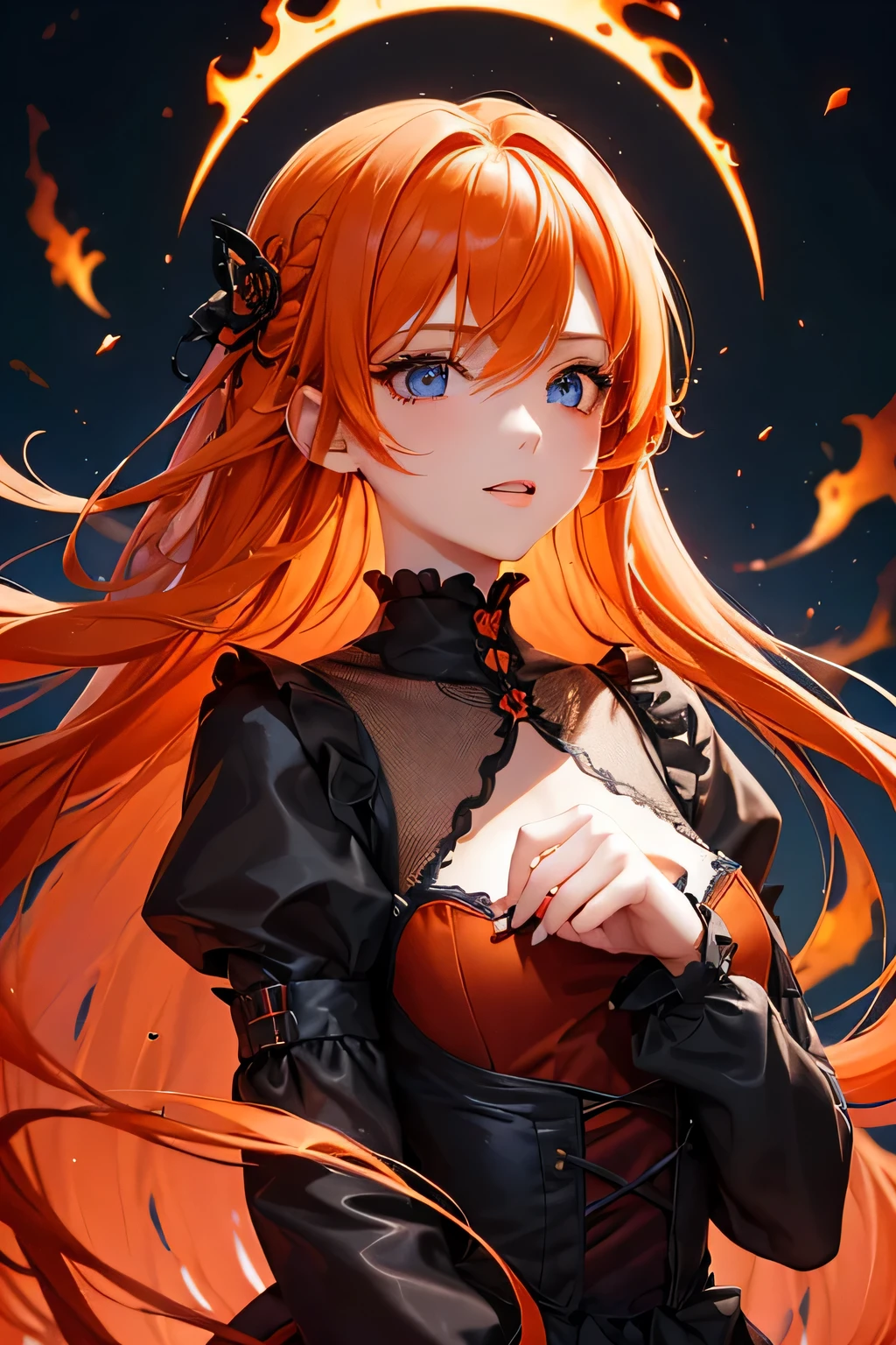 1 girl,Depp's Sense,confused,catch light,Super beautiful illustration,(orange hair,long hairstyles:1.3),turn around,eye shadow,(Red clothes,Gothic ta),Upper body,;d,beautiful and delicate flowing hair,delicate and detailed blue eyes,emphasized chest,flame effect,Explosive inflammation