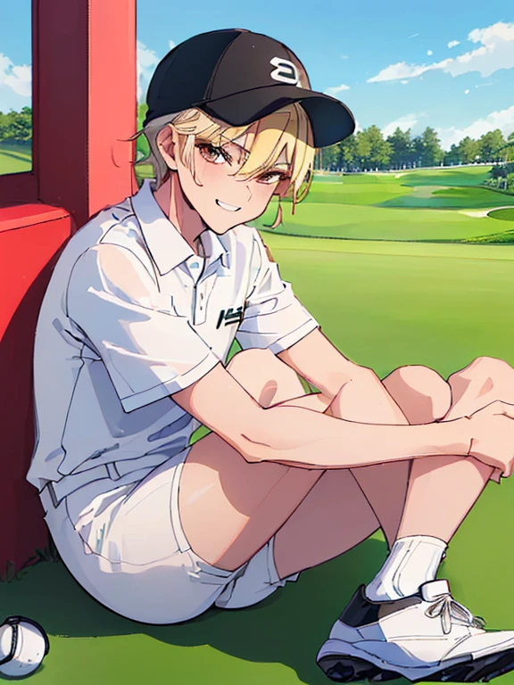 (((,Super thin illustration,High resolution, muste piece, best quality,best quality,))), (),12 years omale golf idol with a fearless face.,A boy as beautiful as Planding,   long legs, thighs, Foots, Bulge, (blonde hair、short story,spiky hair)、、shiny hair, (tight shiny white golf uniform ), (tight shiny black shorts), (socks), grassy area, cool pose, (厚いthighs、Seduce your big ass to your crotch、(((O golf course)))、((Saucy、))、grinning grin、,ultra fine painting, (best quality, In 4K, 8K, High resolution, muste piece:1.2),(((Being aware of the sexual gaze of middle-aged gay men))).、Service Shots、golf club