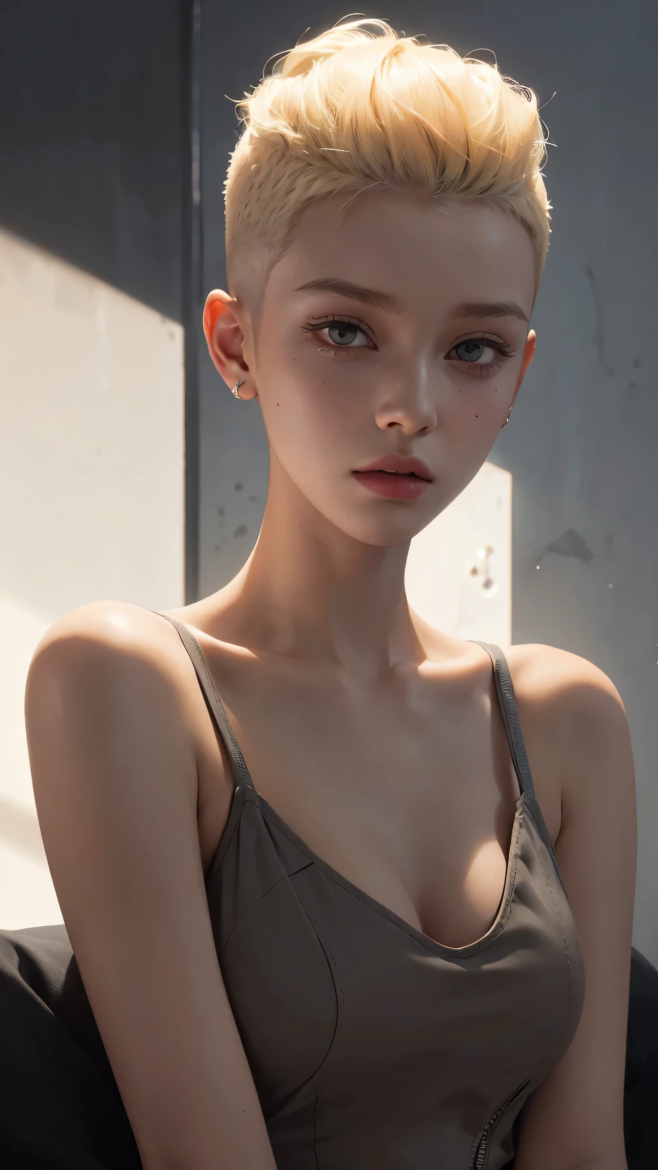 a naked 18 yo woman, blonde, head shaved on one side, runners body, small breasts,(hi-top fade:1.3), sunset, soothing tones, muted colors, high contrast, (natural skin texture, hyperrealism, soft light, sharp)