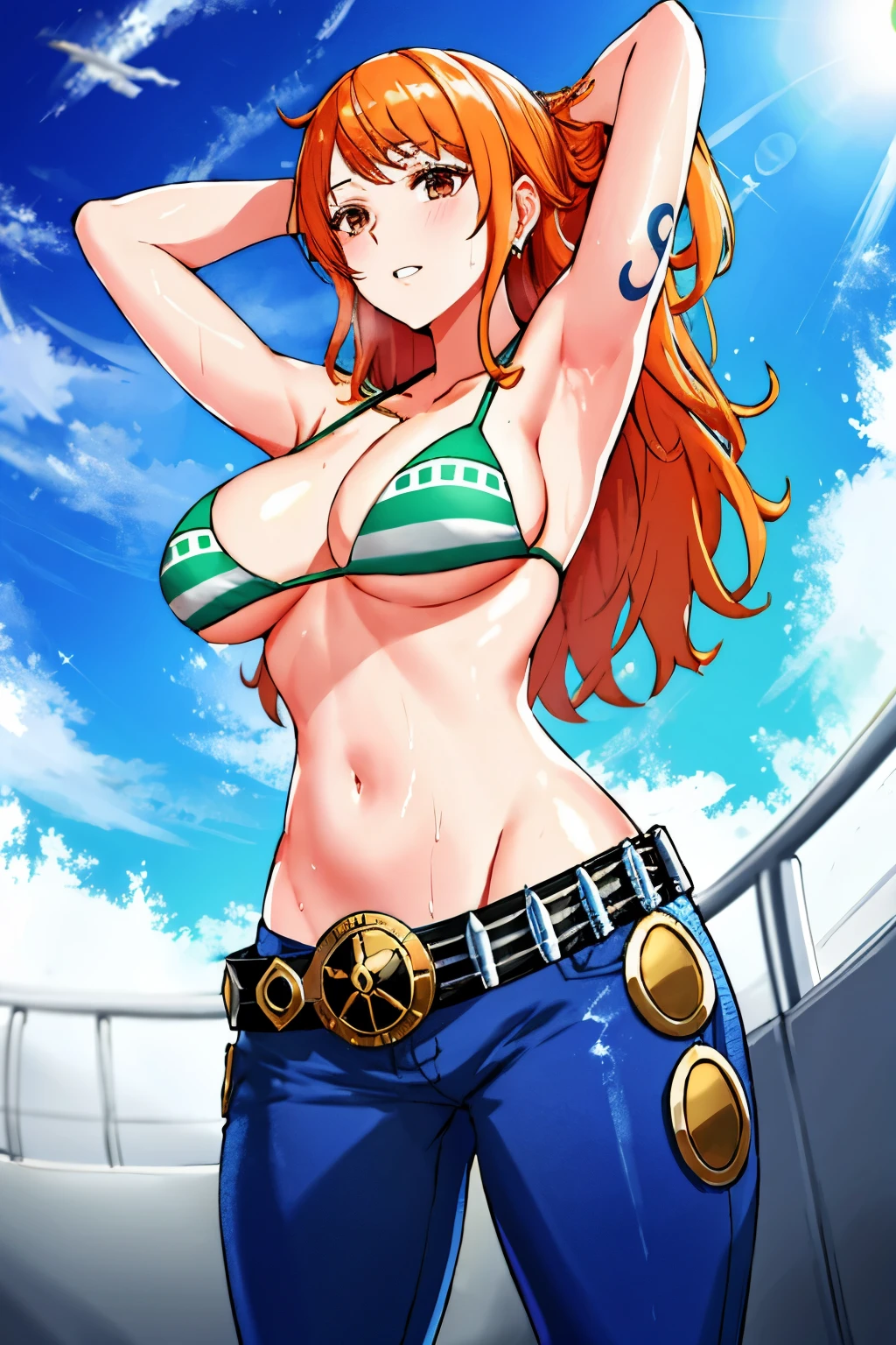 detailed background, masterpiece, 4K, best quality, 늦은 request소년, adult, wrestler body, 1 woman, Active, energetic, Uppercut, (Big mouth) , alone, nami \(One Piece\), 1 woman, bangle, (Very wet, Drenched in sweat, sweating all over, Very wet hair, tired, breathe, get off, exhausted, outcry, Sweaty face, sweaty body, Panting, sweating too much, Glittering sweat, sweaty armpits, trend, hands on hips, Serious, glaring), Perfect, detailed face, draw a thick line, muscular arms, Detailed and thick arm lines, Flat chin, adult woman, Wide striped bangs with waves, floating bangs, (Big cheeks), bare shoulders, off shoulder, belt, bikini, bikini top only, blue sky, bracelet, Elastic breasts, chest line, Big round eyes, very large and bright brown eyes, foam, 높은 눈 stomach치, divided, cloud, afternoon, request, earring, floating hair, shiny hair, green belt, green bikini, thick groin line, requestpants, jewelry store, medium chest, Log Pose, long hair, looking at viewer, navel, wet hair, Orange hair, pants, shoulder Tattoo, Side lock, sky, alone, standing, stomach, swimsuit, Tattoo , looking at viewer, get off, Detailed left arm, large forehead, hourglass shape, small head, a toned body, Broad head, wind effect, The Sun Effect, Under the sun, Narrow small ear angle, previous, 무작stomach 포즈, sweaty armpits