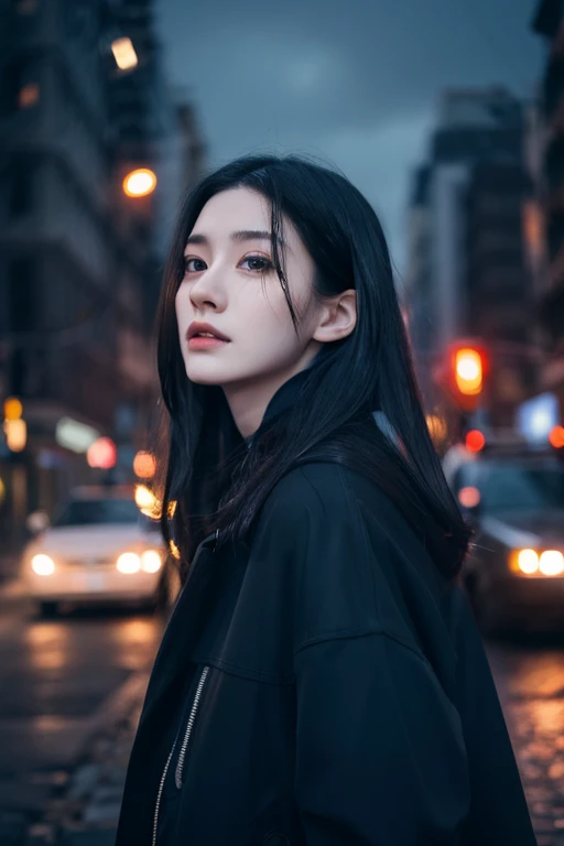 snowy pale skin, very long length black hair, dark grey eyes, slender body, female, realistic, masterpiece, dark rainy sky, city lights, bloody nose,