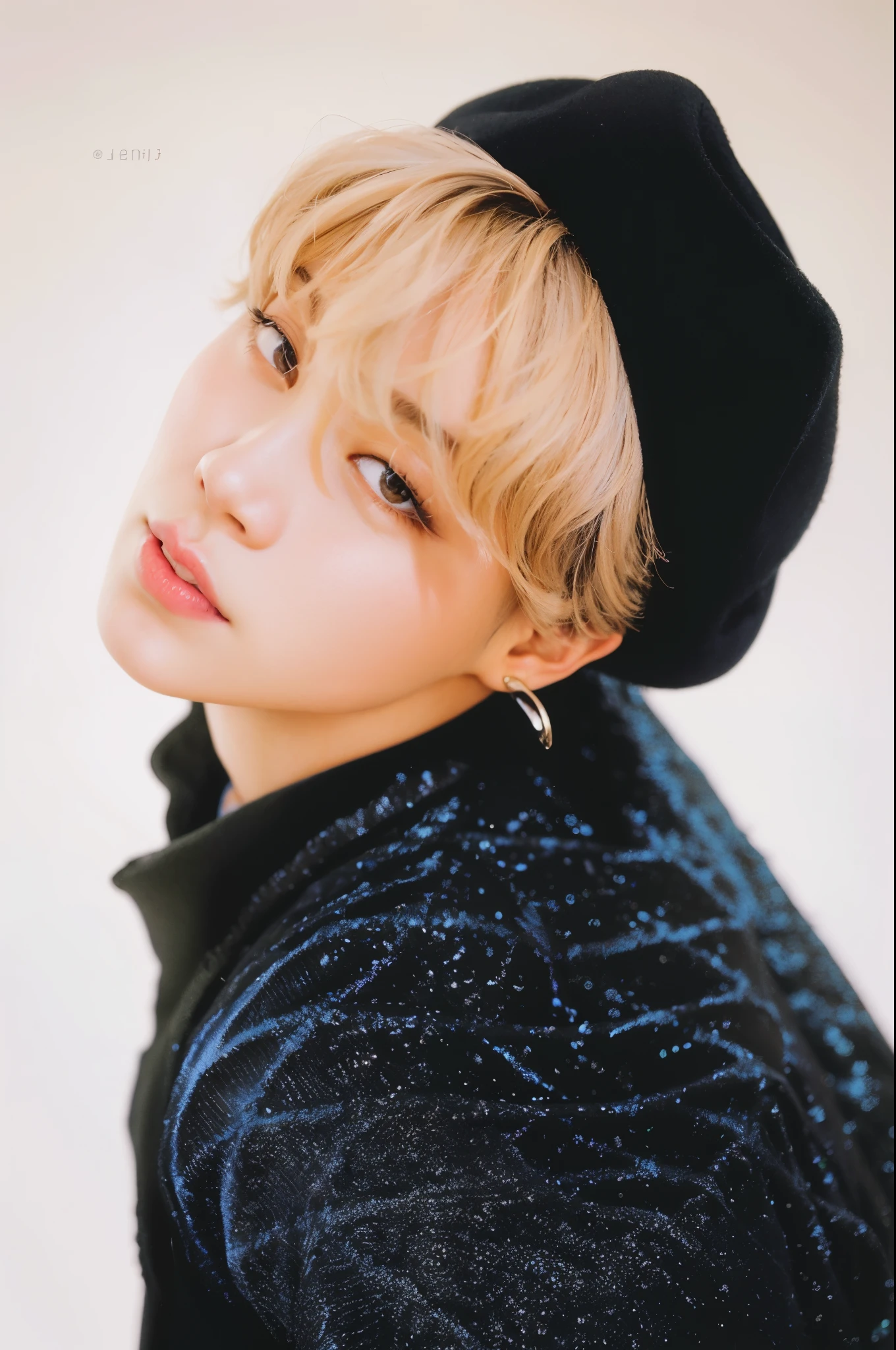 a close-up of a person wearing a hat and a black jacket, park Jimin, Jimin\the full lips, Jimin, accurate Jimin face, Retrato de Jossi do Blackpink, Jimin\o nariz grego, Jimin\the right eyelid is swollen, Taehyung comendo batatas fritas Gucci, hyung tae, Kim Doyoung, Jungkook, kpop idol portrait, BTS