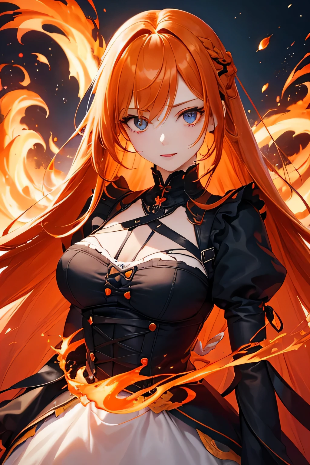 1 girl,Depp's Sense,confused,catch light,Super beautiful illustration,(orange hair,long hairstyles:1.3),turn around,eye shadow,(Red clothes,Gothic Lolita),Upper body,;d,beautiful and delicate flowing hair,delicate and detailed blue eyes,emphasized chest,flame effect,Explosive inflammation