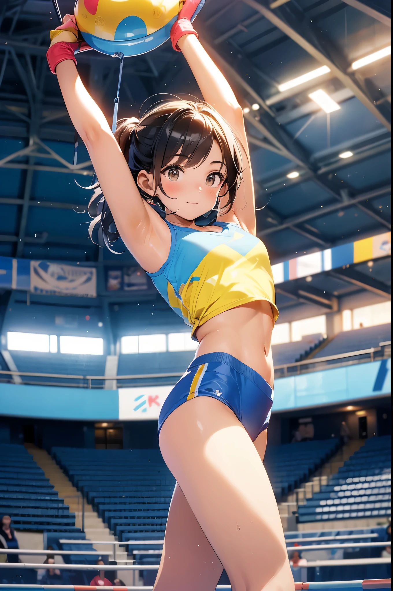 Rhythmic Sportive Gymnastic, 16-year-old girl, Yellow and blue outfit, Indoor gymnastics arena,