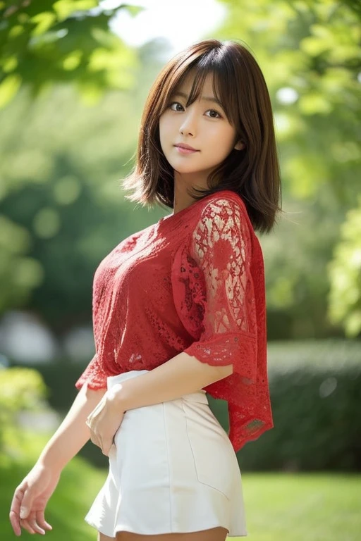 live-action, Beautiful thin Japanese woman, Her face is Minami Hamabe, a Japanese actress., She stands tall, wearing a fluffy short-sleeved red lace blouse and a fluttery white miniskirt.(Detailed model figure:face is facing the camera, The body is facing the camera) (Photo composition:Front of the body, Photo from thighs up,looking at the camera, Photo from the front) (hair details:Bob cut brown hair) (Body details:lean body, Height: 155cm, bust 79cm, Waist 55cm, Hip 85cm, Healthy thighs) (detailed background, green leaves on old brick)