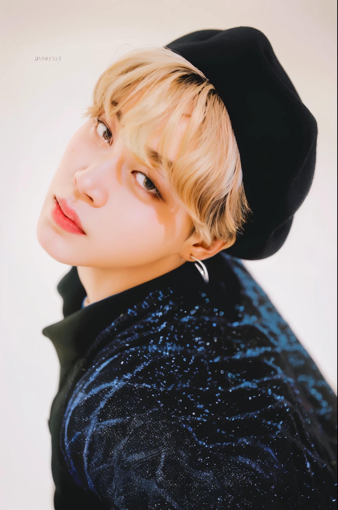 a close-up of a person wearing a hat and a black jacket, park Jimin, Jimin\the full lips, Jimin, accurate Jimin face, Retrato de Jossi do Blackpink, Jimin\o nariz grego, Jimin\the right eyelid is swollen, Taehyung comendo batatas fritas Gucci, hyung tae, Kim Doyoung, Jungkook, kpop idol portrait, BTS