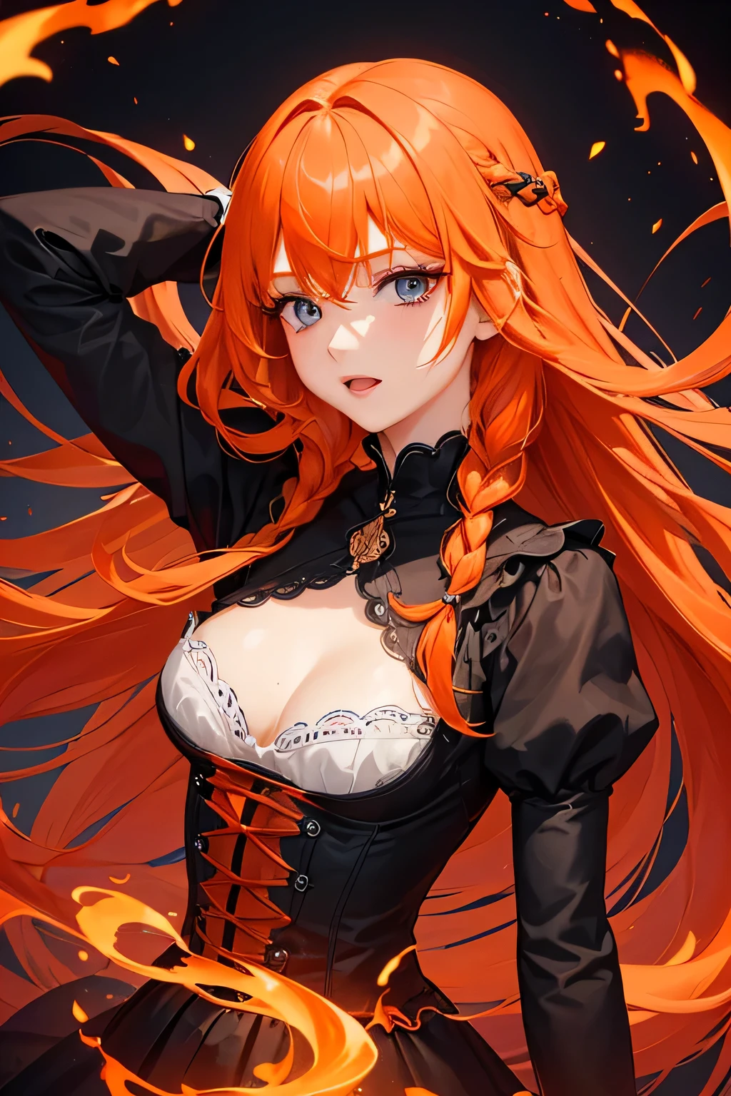 1 girl,Depp's Sense,confused,catch light,Super beautiful illustration,(orange hair,long hairstyles:1.3),turn around,eye shadow,(Red clothes,Gothic Lolita),Upper body,;d,beautiful and delicate flowing hair,delicate and detailed blue eyes,emphasized chest,flame effect,Explosive inflammation