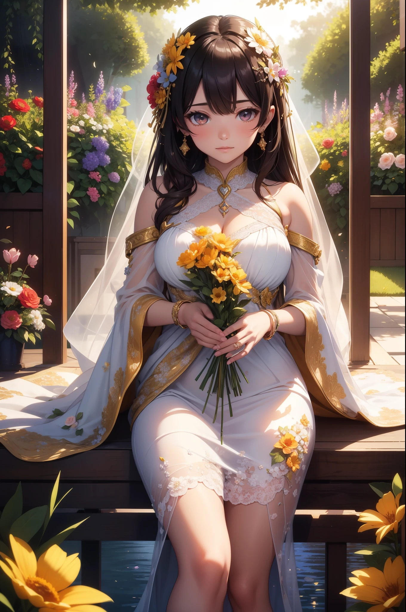 Ultra-realistic masterpiece, embodiment of love's essence, surroundings filled with love's radiance, Lush, vibrant flowers in full bloom, Couples intertwined, faces glowing with affection, Warm sun casting golden rays, Hearts fluttering like beloved butterflies, Shimmering pond reflecting the depths of love's feelings, Delicate, intricate patterns weaving the tapestry of love, Balanced composition, harmonious blend of colors, Inviting the viewer to revel in the heartfelt beauty that love all around unveils.