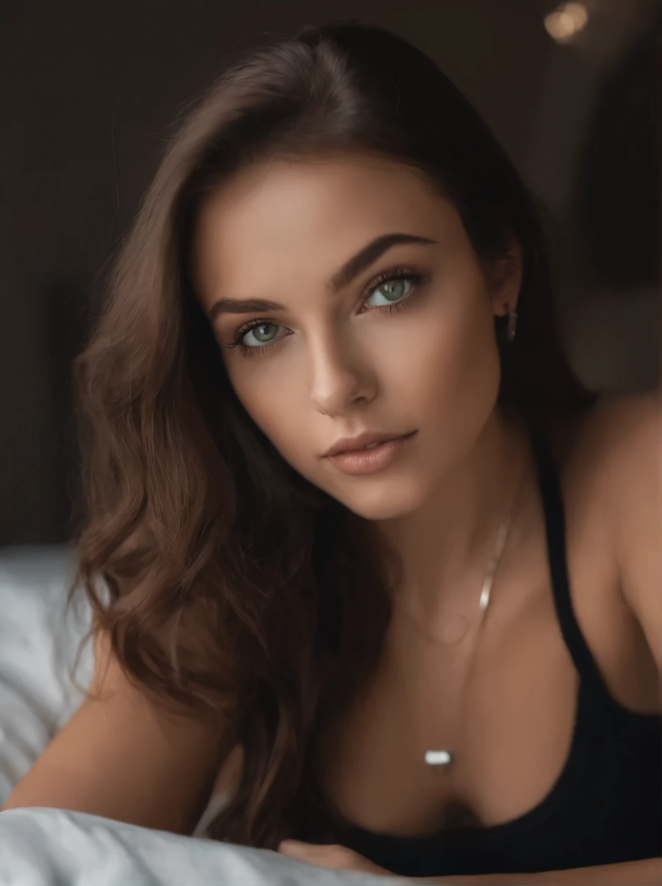 arafed woman with a white tank top and a necklace, sexy girl with green eyes, portrait sophie mudd, brown hair and large eyes, selfie of a young woman, bedroom eyes, violet myers, without makeup, natural makeup, looking directly at the camera, face with artgram, subtle makeup, stunning full body shot, piercing green eyes, beautiful angle, attractive pose, cute girl, sexy pose, full body picture, full body, full body shoot, brunette goddess, high detail, satisfied pose, leather pants