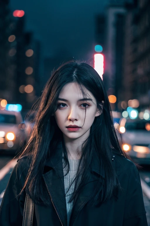 snowy pale skin, very long length black hair, dark grey eyes, slender body, female, realistic, masterpiece, dark rainy sky, city lights, bloody nose,