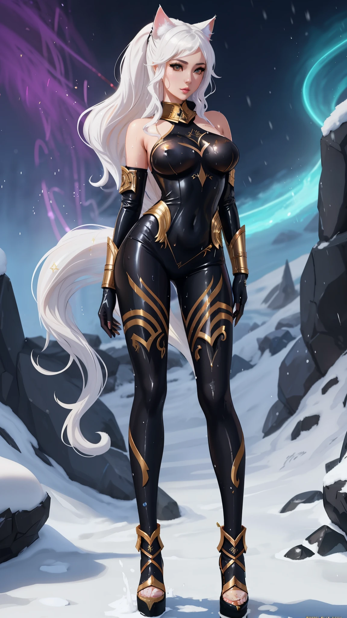 a woman in a black and gold outfit, transparent clothes, ((wet clothes)), ((beautiful face))standing in the snow, kitsune inspired armor, samira from league of legends, irelia from league of legends, doja cat as cat woman, seraphine ahri kda, as seen on artgerm, senna from league of legends, extremely detailed artgerm, ig model | artgerm