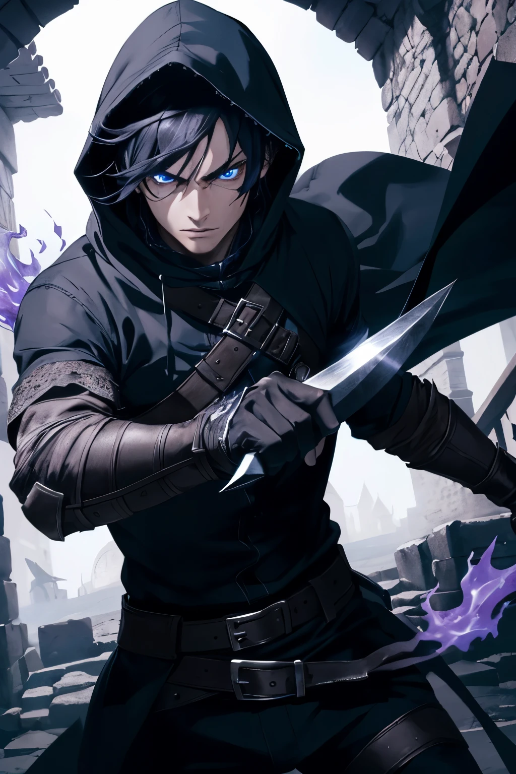 (extremely detailed 8k wallpaper), a medium shot of a fearful rogue, male, male focus, black hair, blue eyes, black clothing, hooded, medieval, intricate, high detail, with a shadow blade in his hand with purple fire
