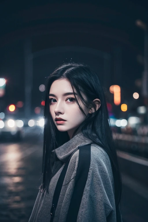 snowy pale skin, very long length black hair, dark grey eyes, slender body, female, realistic, masterpiece, dark rainy sky, city lights, 