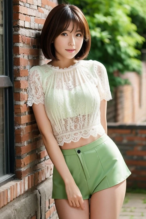 live-action, Beautiful thin Japanese woman, Her face is Minami Hamabe, a Japanese actress., She has small breasts and stands straight, wearing a fluffy short-sleeved red lace blouse and a fluttery white miniskirt.（Detailed model figure：face is facing the camera, The body is facing the camera） （Photo composition：Front of the body, Photo from thighs up,looking at the camera,　Photo from the front） （hair details：Bob cut brown hair） （Body details：lean body, Height: 155cm, bust 79cm, Waist 55cm, Hip 85cm, Healthy thighs) (detailed background, green leaves on old brick）