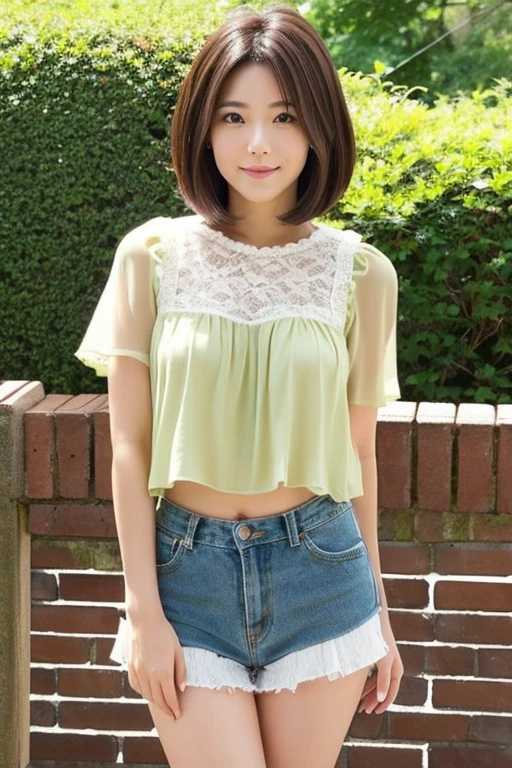 short curly redhead cat hybrid girl, black eyes, cat tail and ears, white top aqua green skirt ((anime))